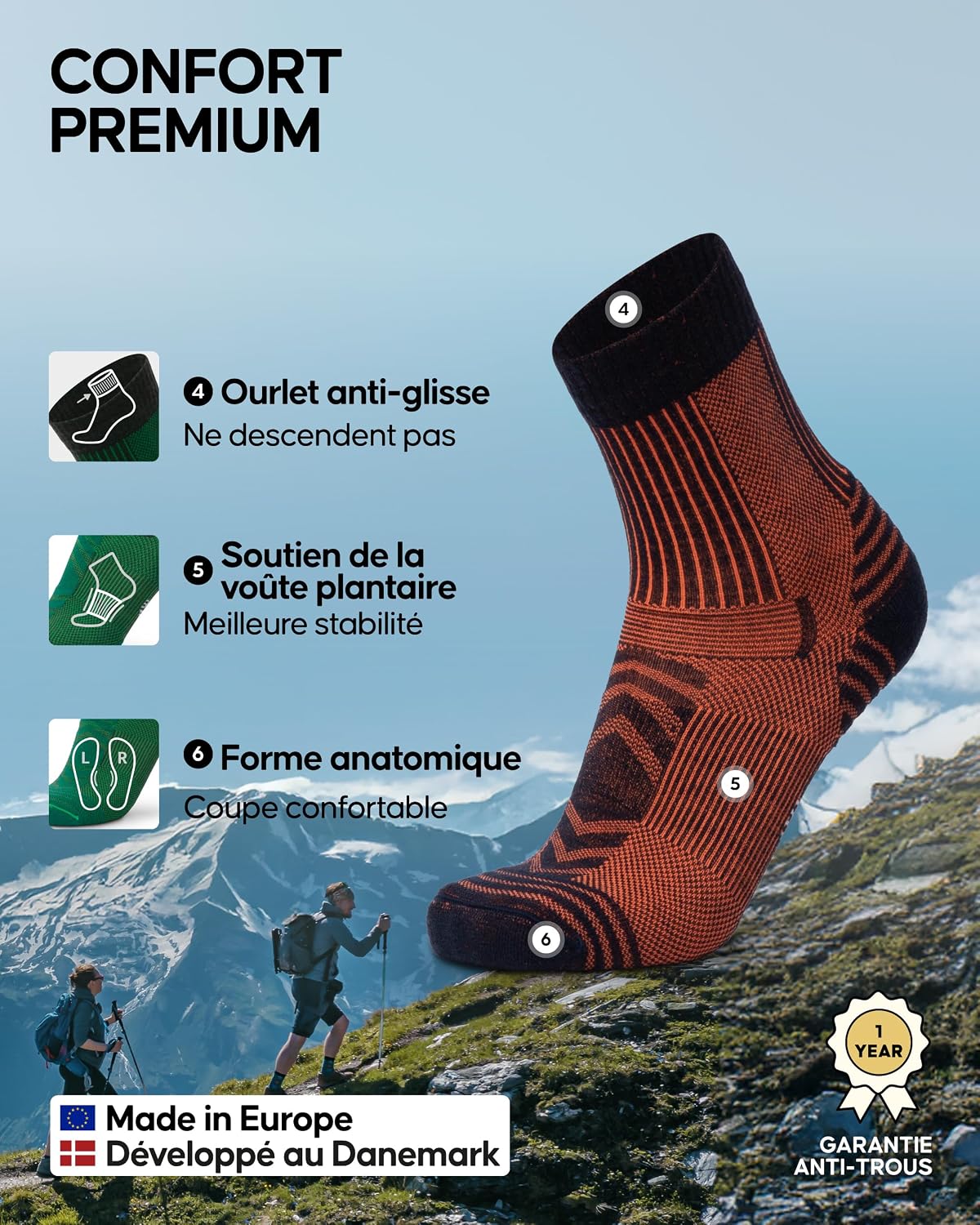 Detalle de DANISH ENDURANCE Chaussettes de randonnée en laine mérinos avec rembourrage léger — 3 & 5 paires (unisex)