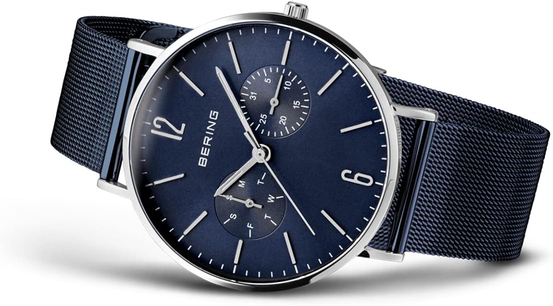 Detalle 2 de BERING Montre Homme Quartz 40 mm – Boîtier argenté en acier inoxydable, cadran bleu, bracelet Milanese et cristal en sapphire