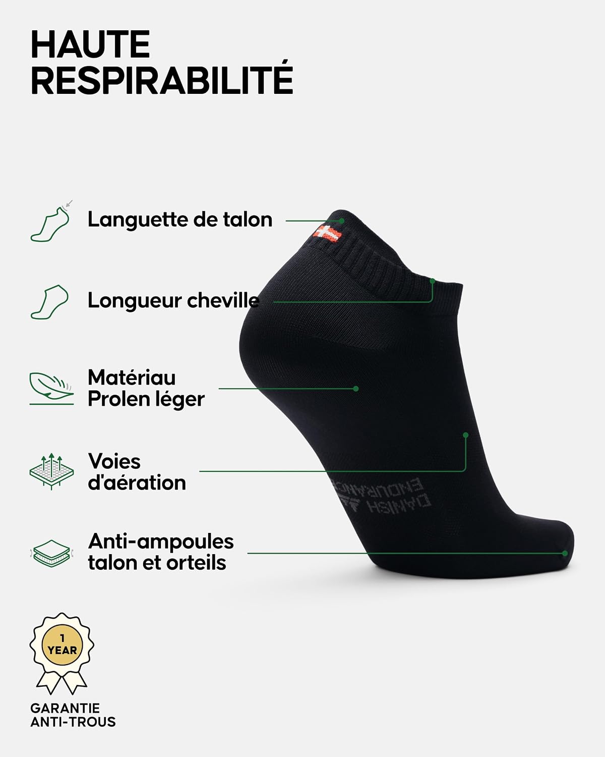 Detalle 2 de DANISH ENDURANCE Chaussettes de course respirantes (lot de 3) – unisex, coupe basse, anti-froissures