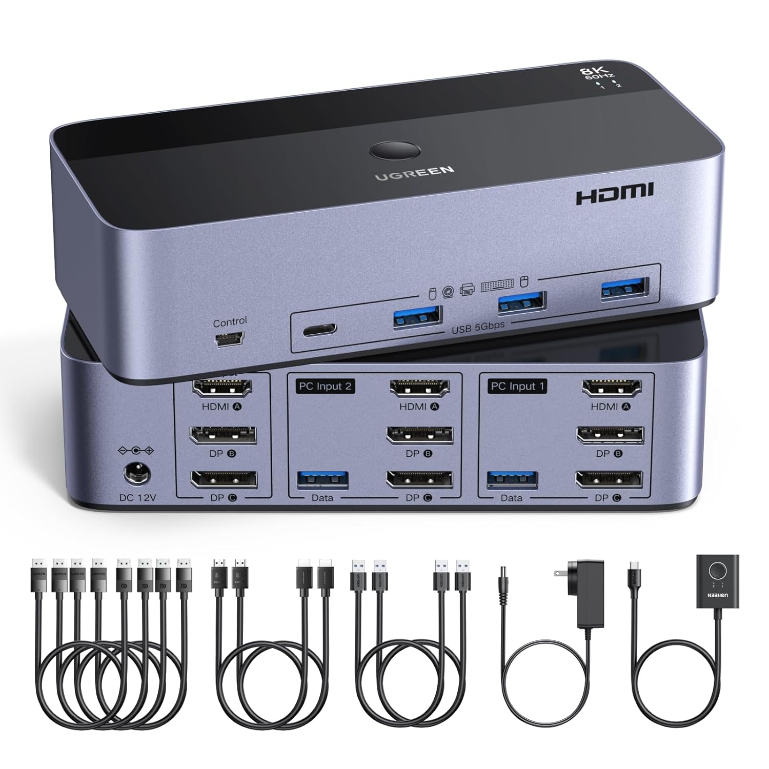 Detalle de UGREEN Switch KVM HDMI+DP à 2 entrées et 3 sorties (8K 60 Hz) double affichage
