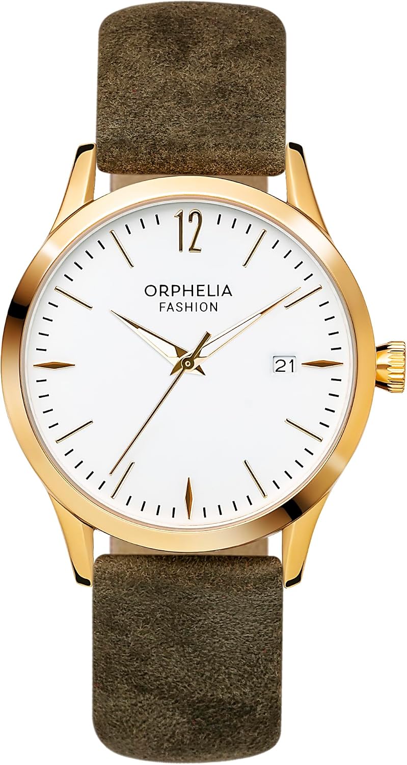 Detalle de Orphelia Fashion Montre Femme – Quartz – Analogique, Bracelet Cuir Daim Vert Doré