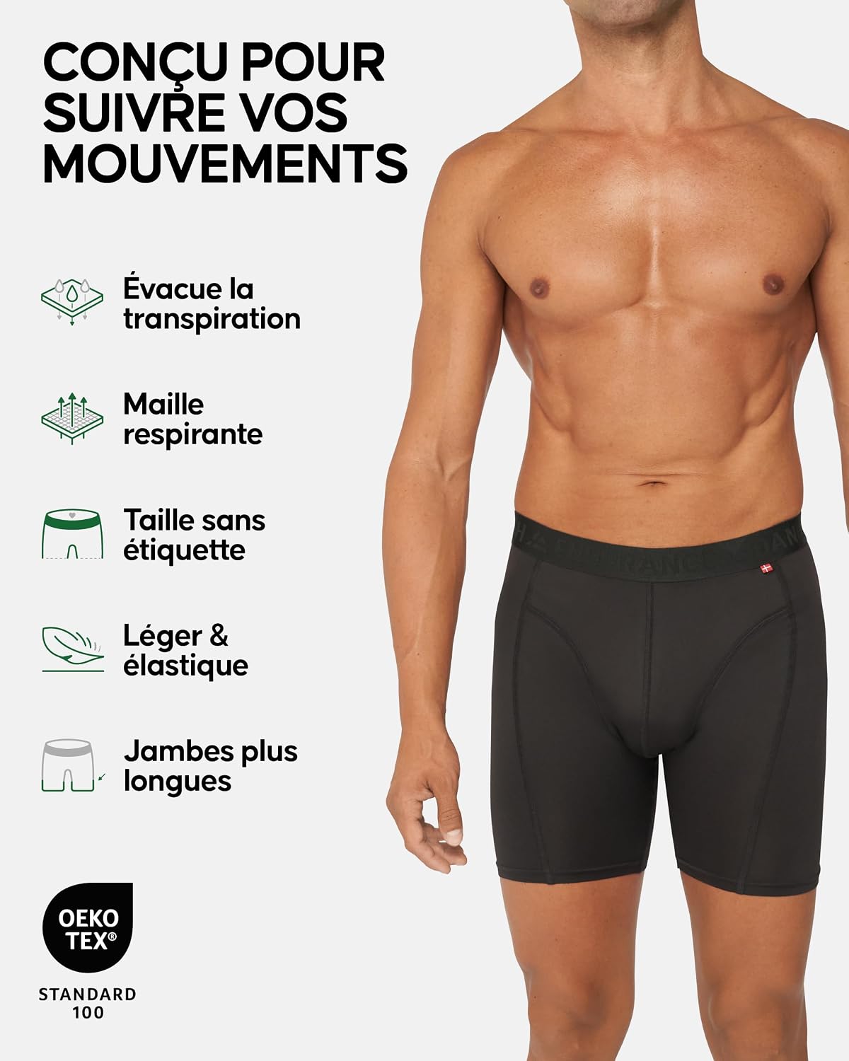 Detalle de DANISH ENDURANCE Boxers de course anti-frottements (lot de 3) — séchage rapide, respirants