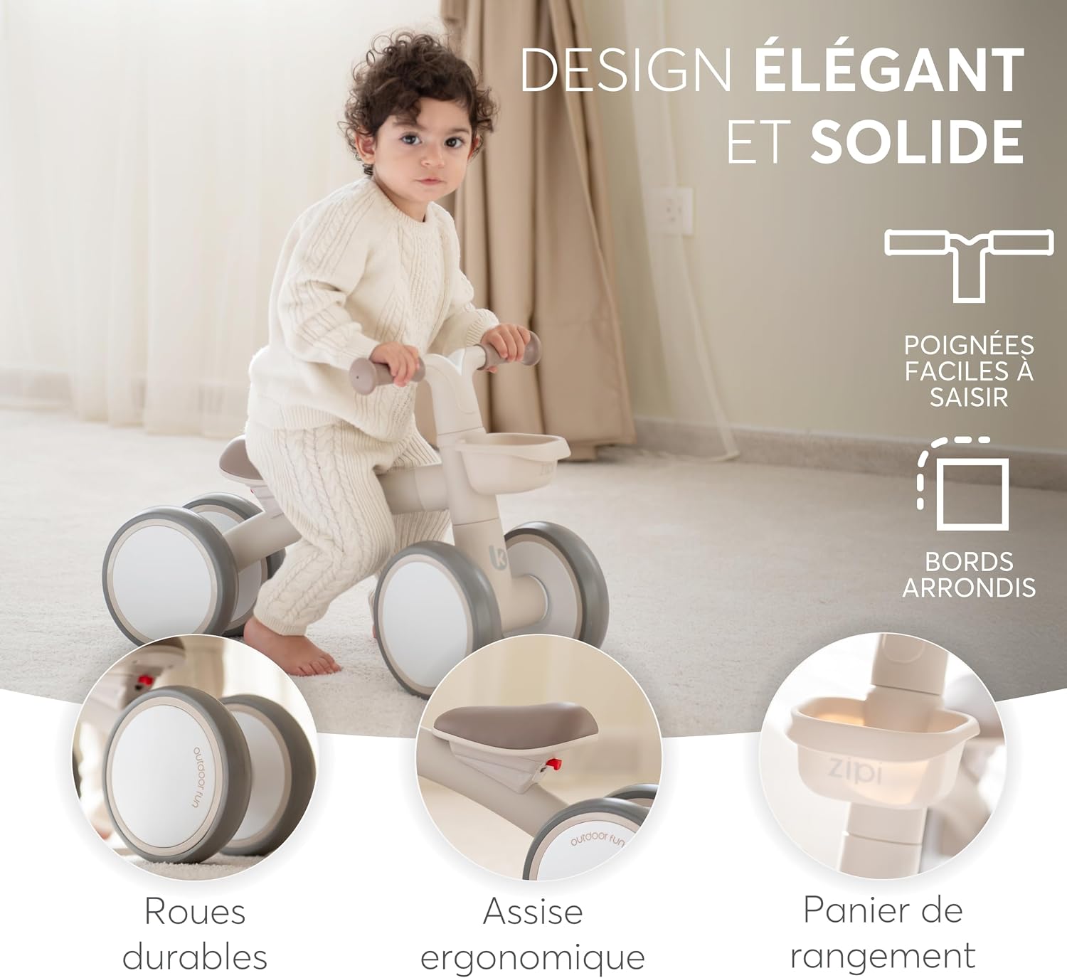 Detalle 2 de KikkaBoo ZIPI, vélo d’équilibre sans pédales pour bébé 1–3 ans avec panier — stabilité et douceur
