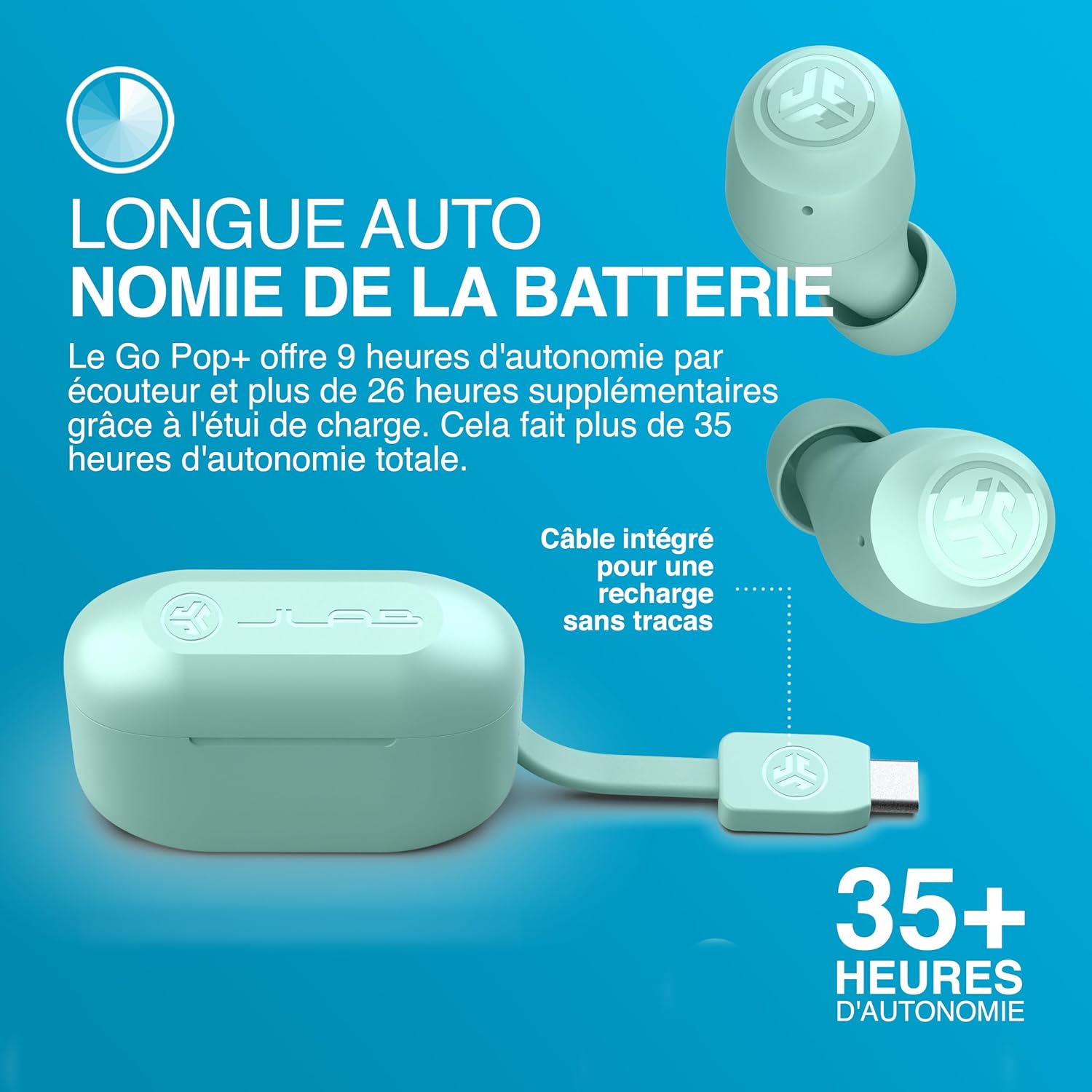 Detalle de JLab Go Air Pop+ Menthe — écouteurs Bluetooth True Wireless avec micro et autonomie annoncée 35+ h