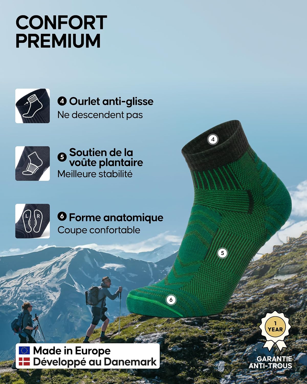 Detalle de DANISH ENDURANCE Chaussettes de Randonnée en Laine Mérinos Légères – Unisex, Lot de 3