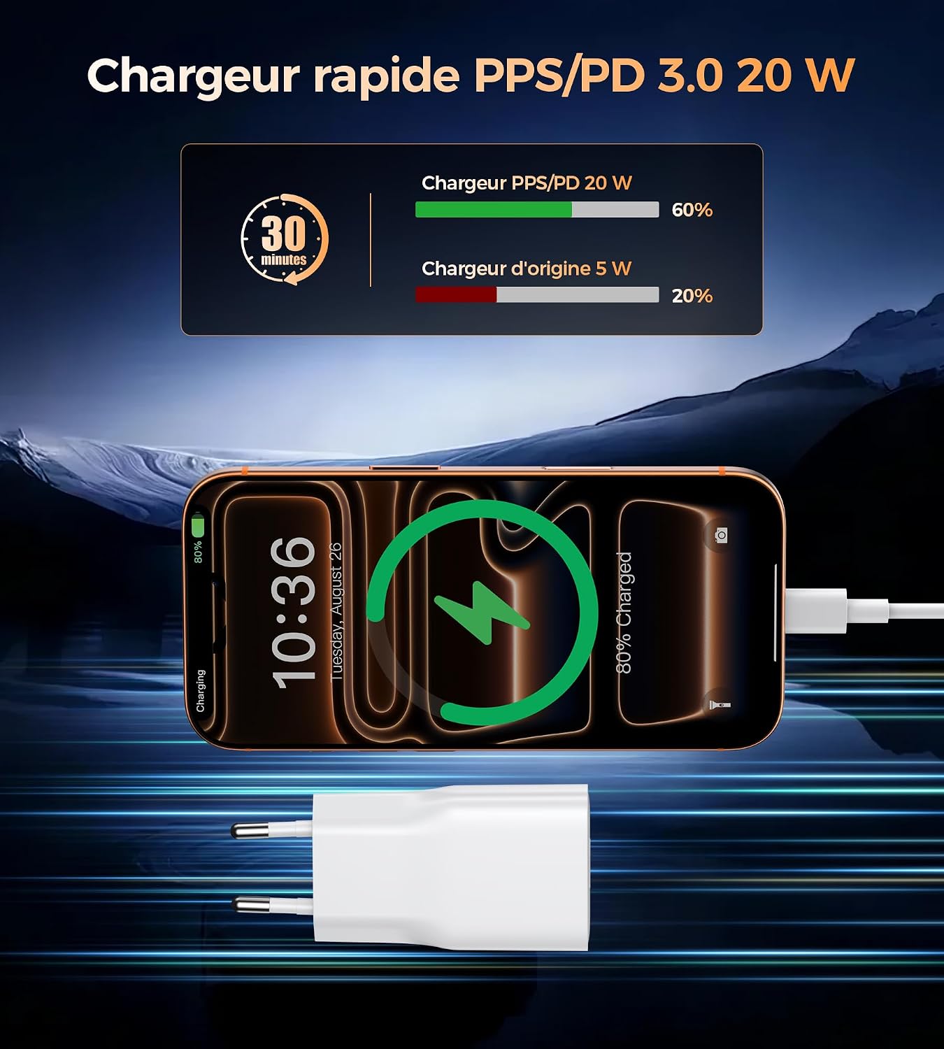 Detalle 2 de Chargeur USB‑C 20W rapide pour iPhone et Samsung