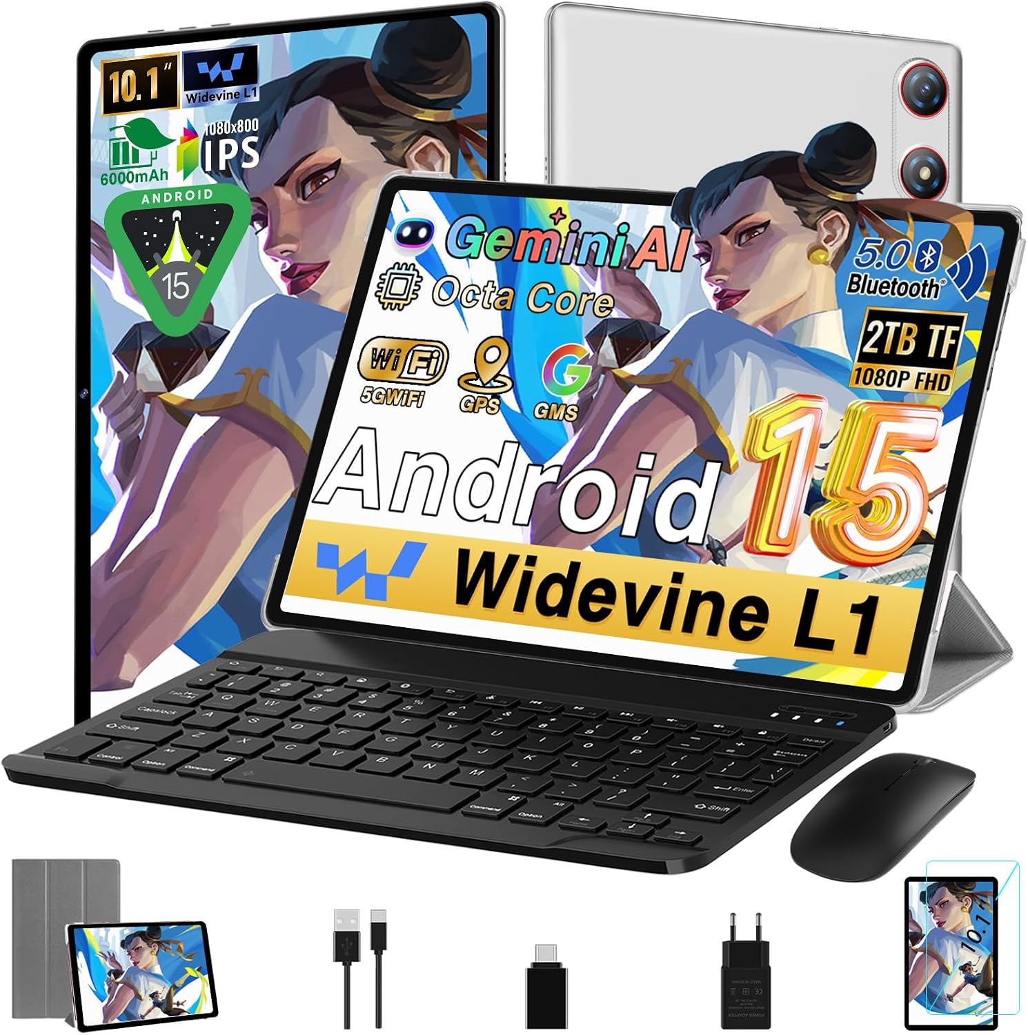 Detalle de Tablette Android 10 pouces Gemini AI avec clavier – 64 Go ROM, 2 To TF, Argentine argenté