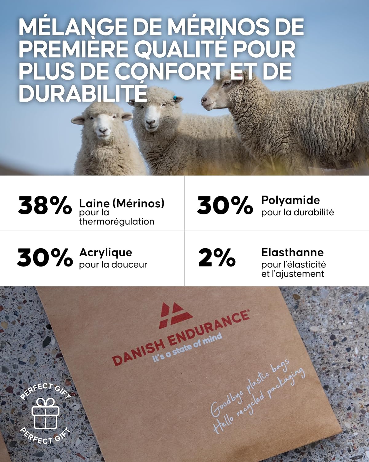 Detalle de DANISH ENDURANCE Chaussettes de randonnée en laine mérinos avec rembourrage léger — 3 & 5 paires (unisex)