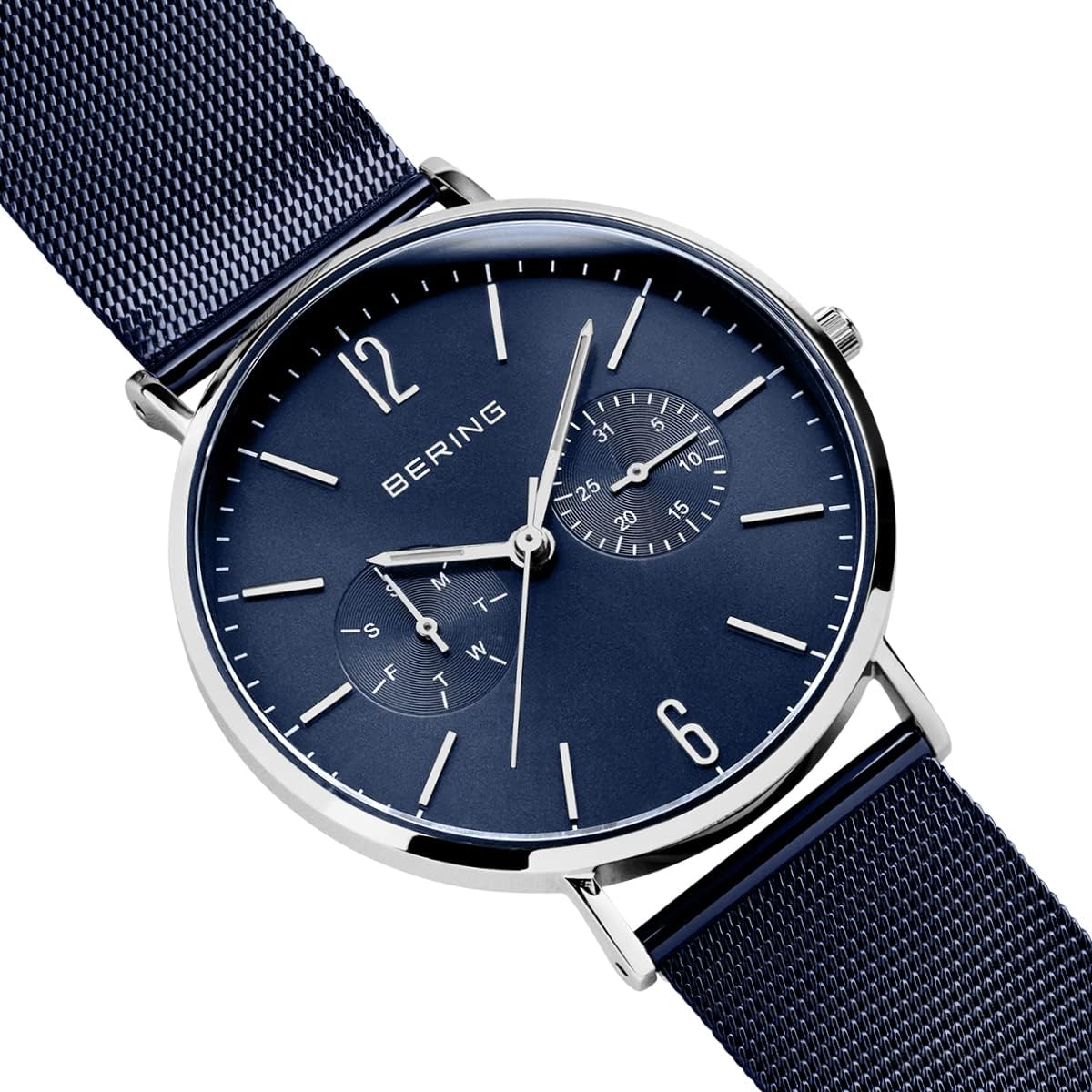 Detalle de BERING Montre Homme Quartz 40 mm – Boîtier argenté en acier inoxydable, cadran bleu, bracelet Milanese et cristal en sapphire
