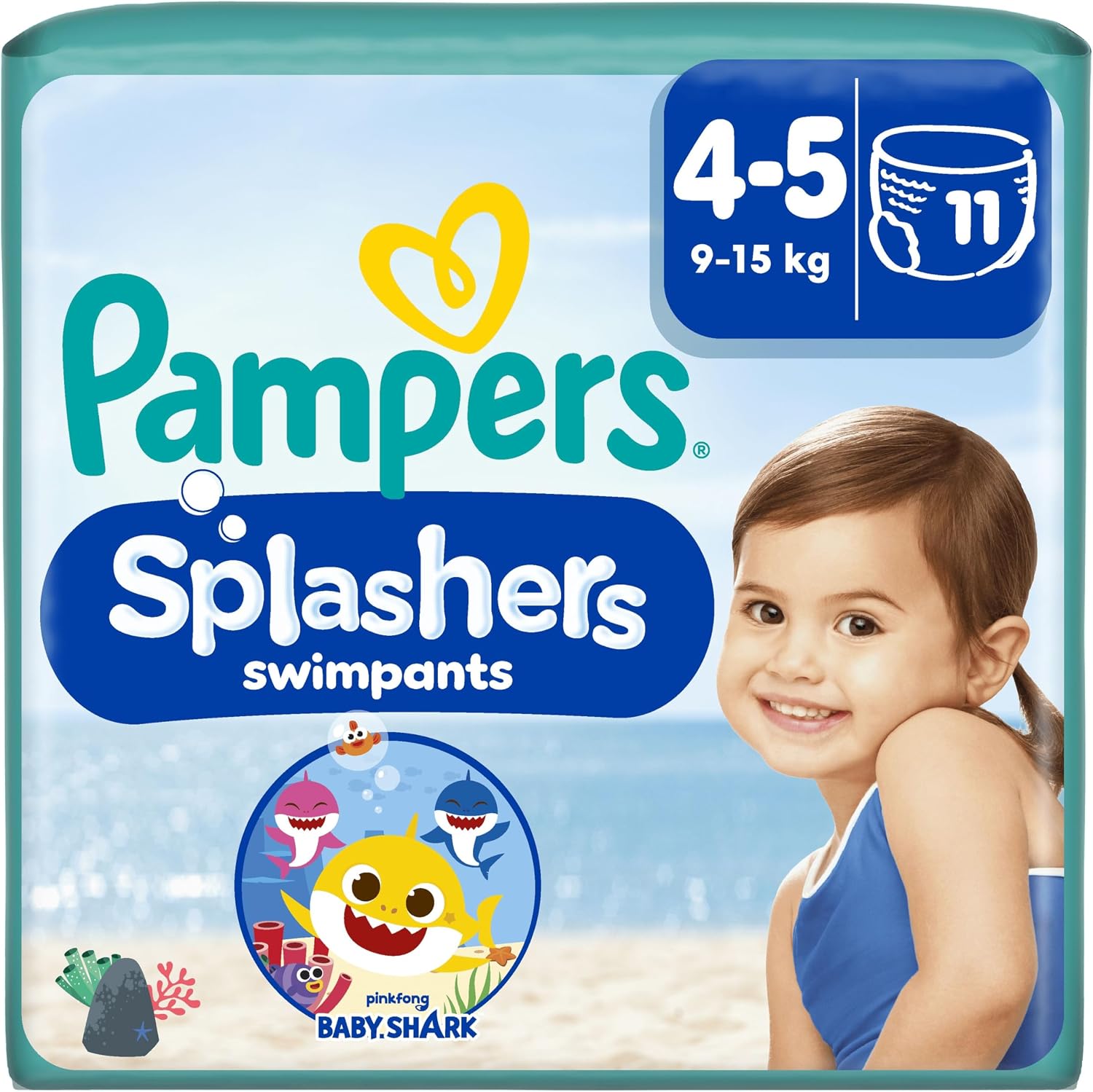 Detalle de Pampers Splashers Taille 4-5 – 11 Couches-Culottes de Bain Jetables 9-15 kg, Baby Shark (Édition Limitée)
