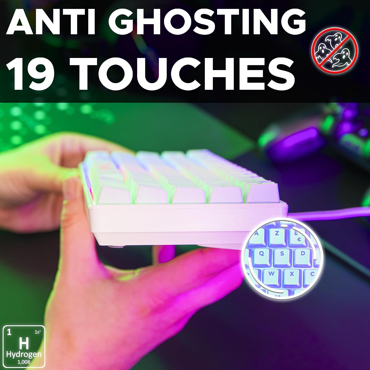 Detalle 2 de The G-Lab Keyz Hydrogen: Clavier Gamer 60% semimec à LED multicolore pour PC/PS5