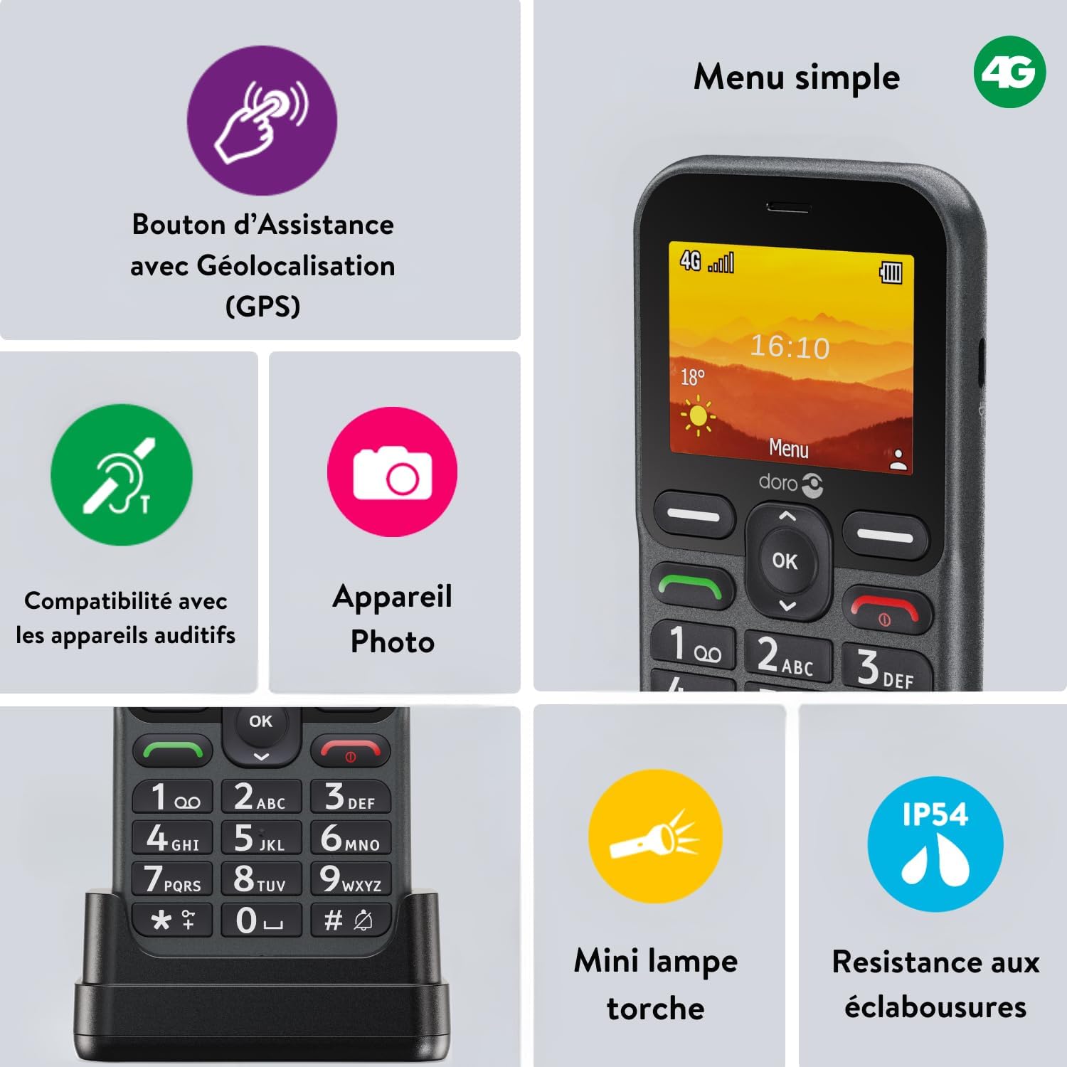 Detalle de Doro Leva L10 — Téléphone Portable Senior 4G, Grand Écran et Assistance SOS