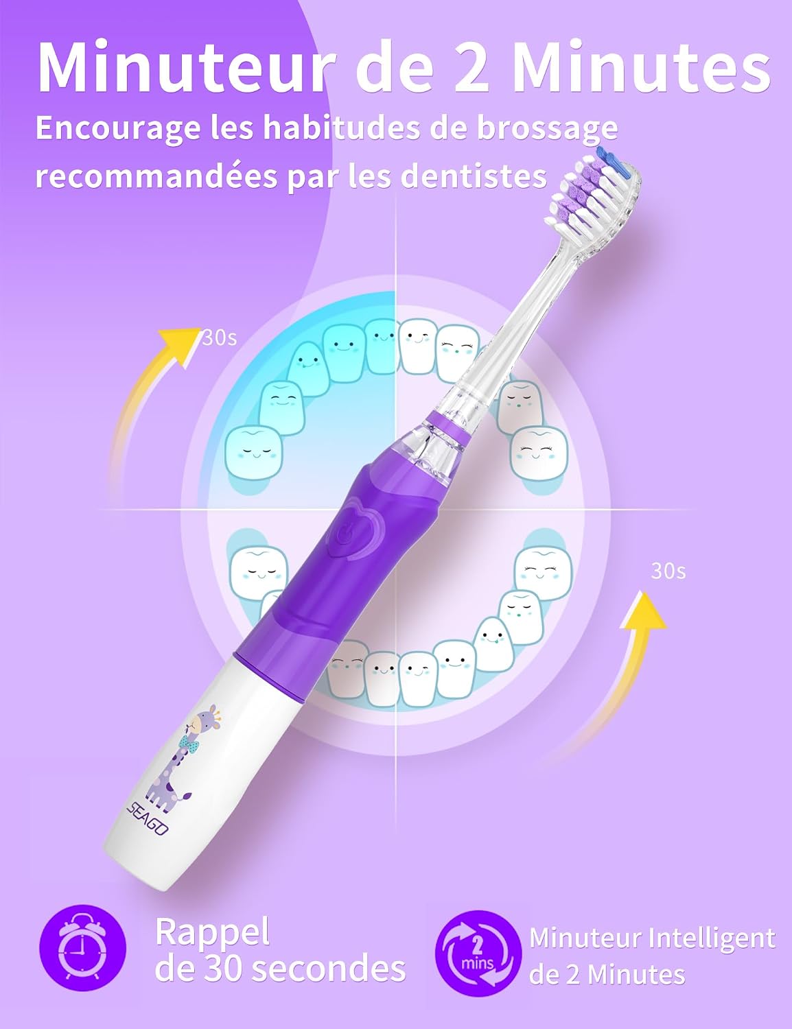 Detalle de Seago brosse à dents électrique enfant SG977 Violet – 4 têtes, LED colorées, minuterie 2 min, IPX7