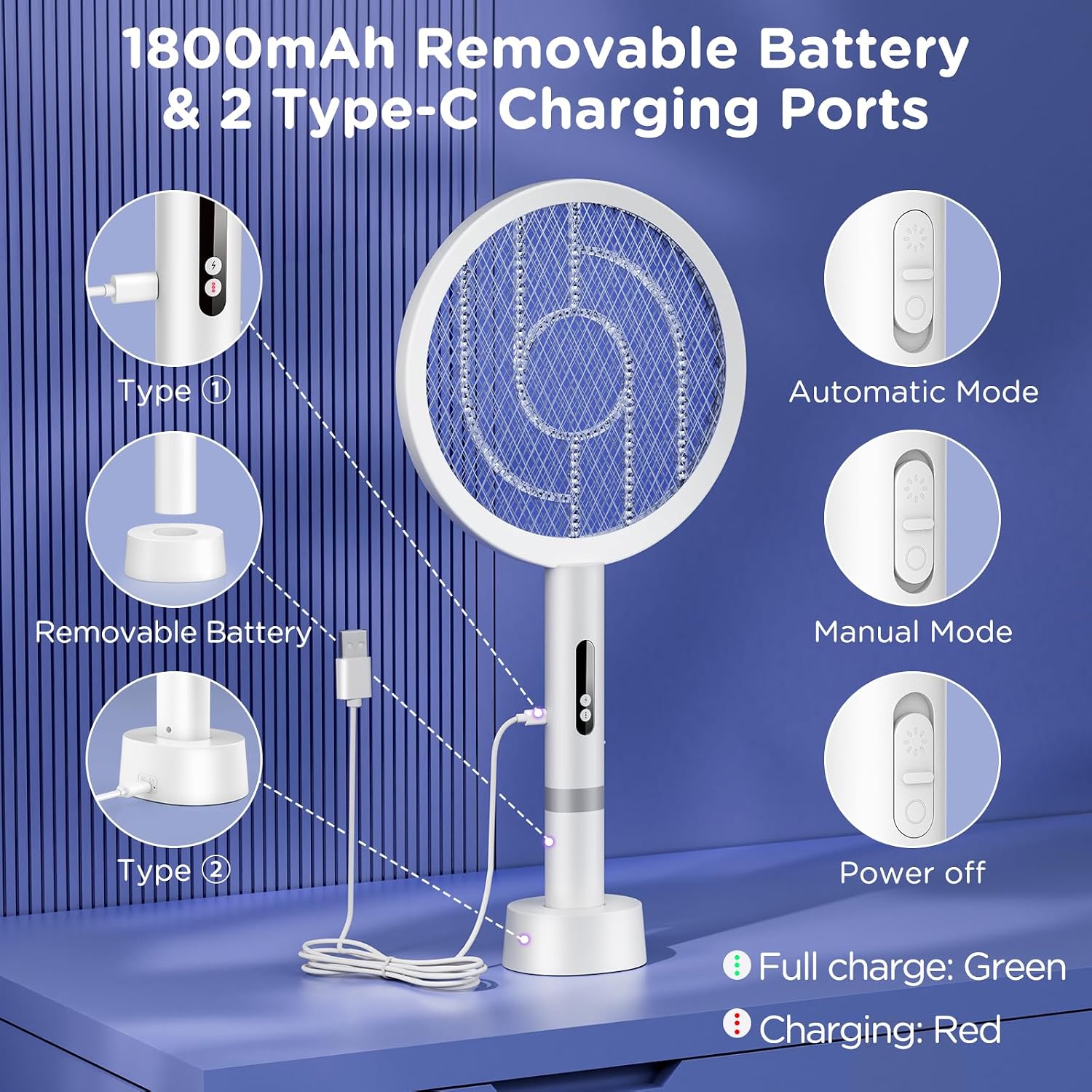 Detalle de BKXCHA 2 en 1 Raquette Électrique Insectes, 4000V – Moustique, 1800mAh, USB Rechargeable, 3 couches de protection