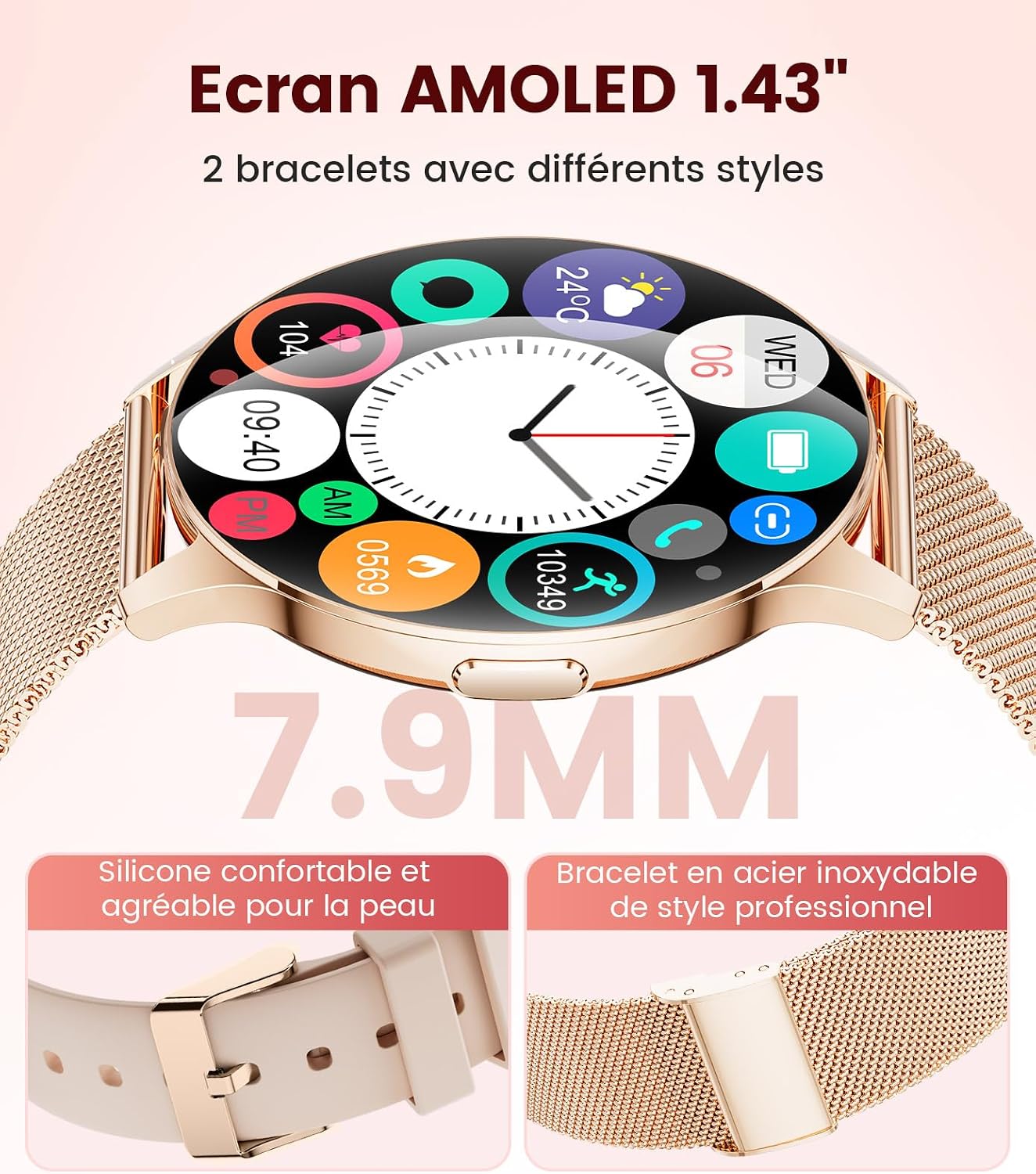 Detalle de LIGE Montre Connectée Femme 1,43" AMOLED doré