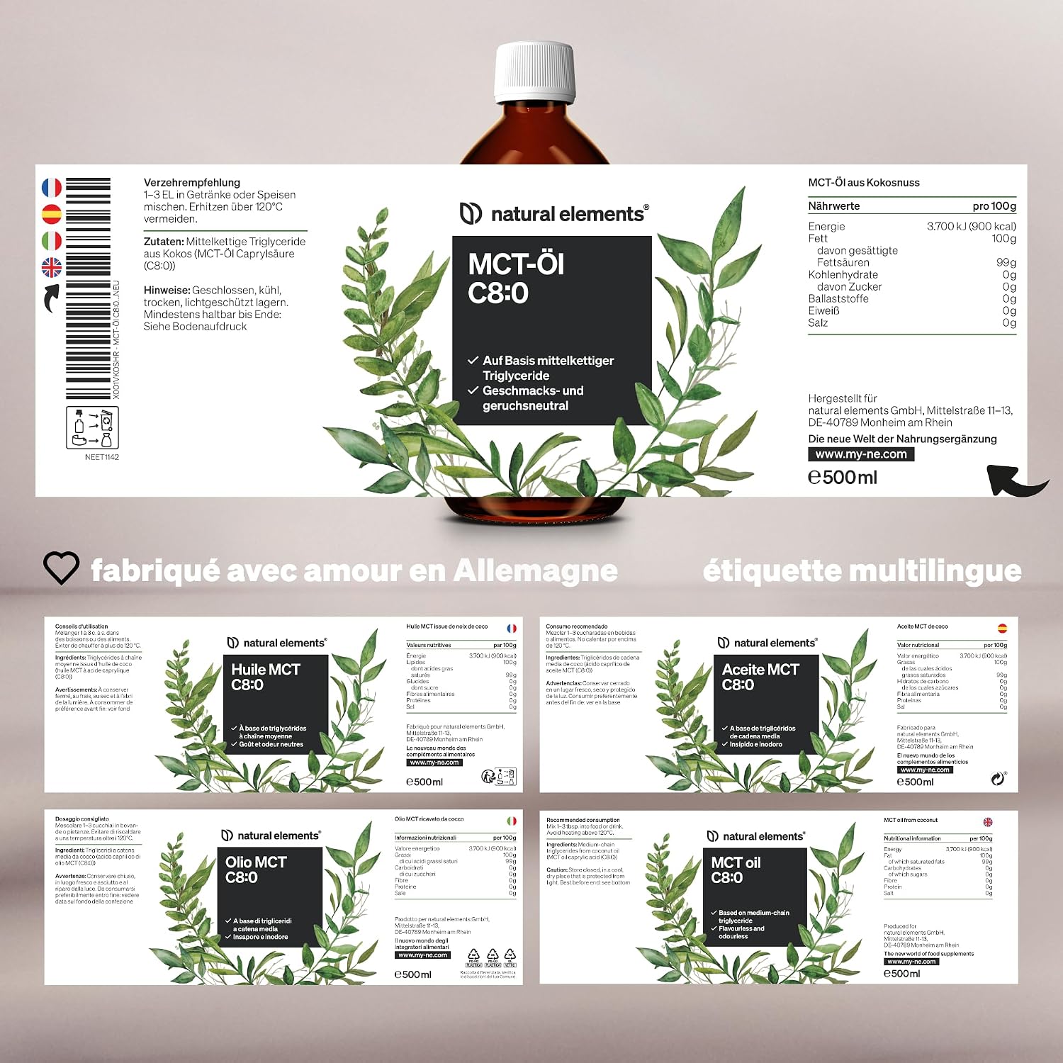 Detalle de Natural Elements Huile MCT (acide caprylique C8) 500 ml – goût et odeur neutres, végane