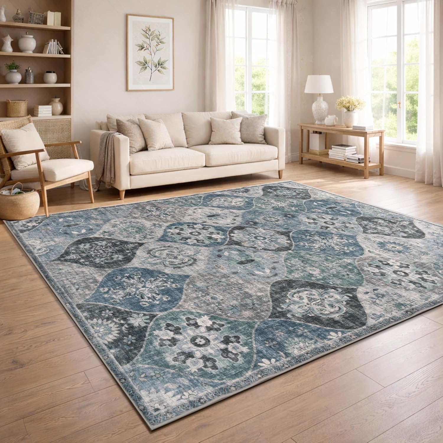 Detalle de Paco Home Tapis de Salon Vintage Poil Court Turquoise 160x220 cm – Confort Doux et Design Retro Moderne