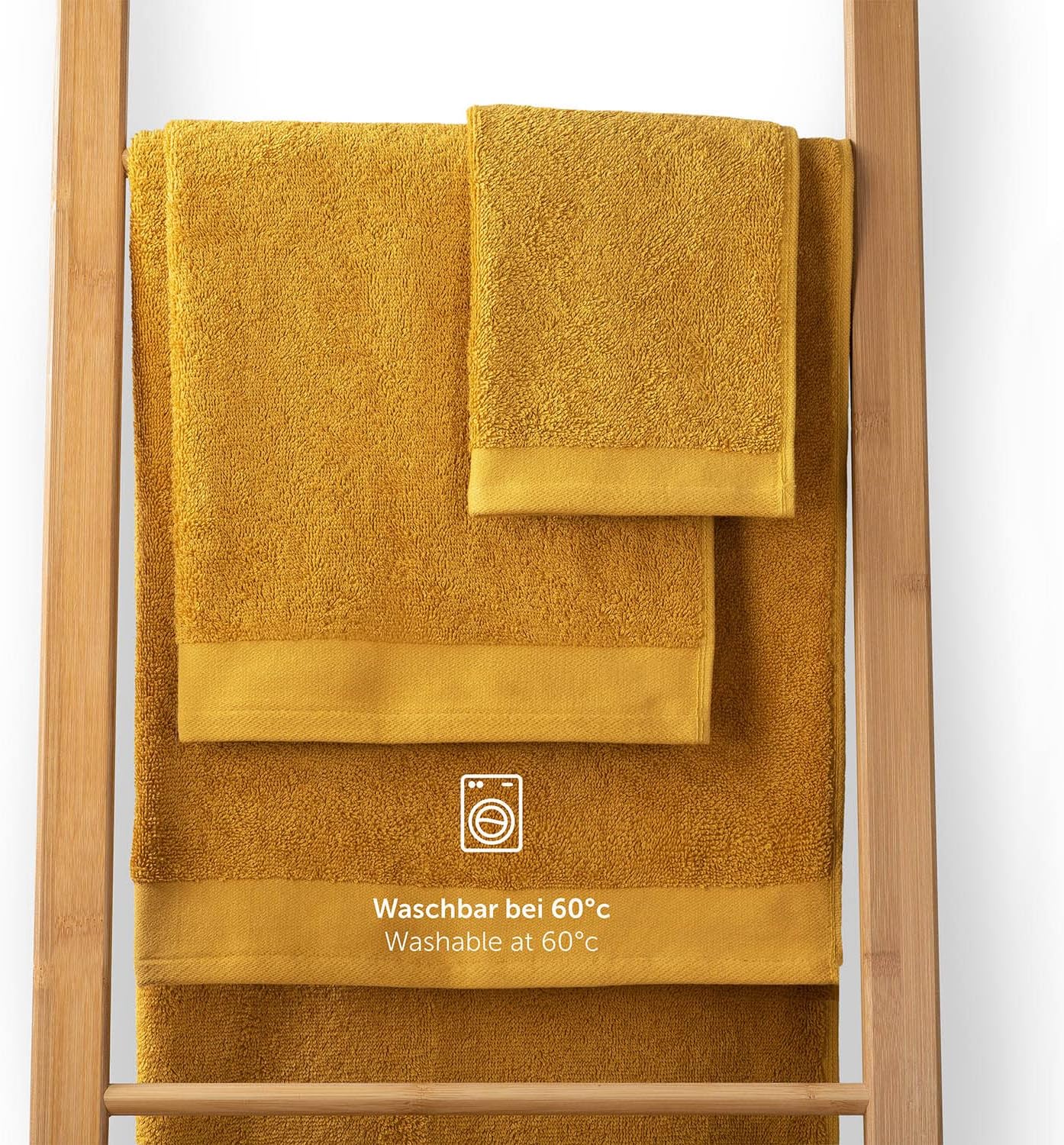 Detalle de Blumtal – Lot de 2 serviettes de bain jaune moutarde 70x140 cm en coton certifié Oeko-Tex®