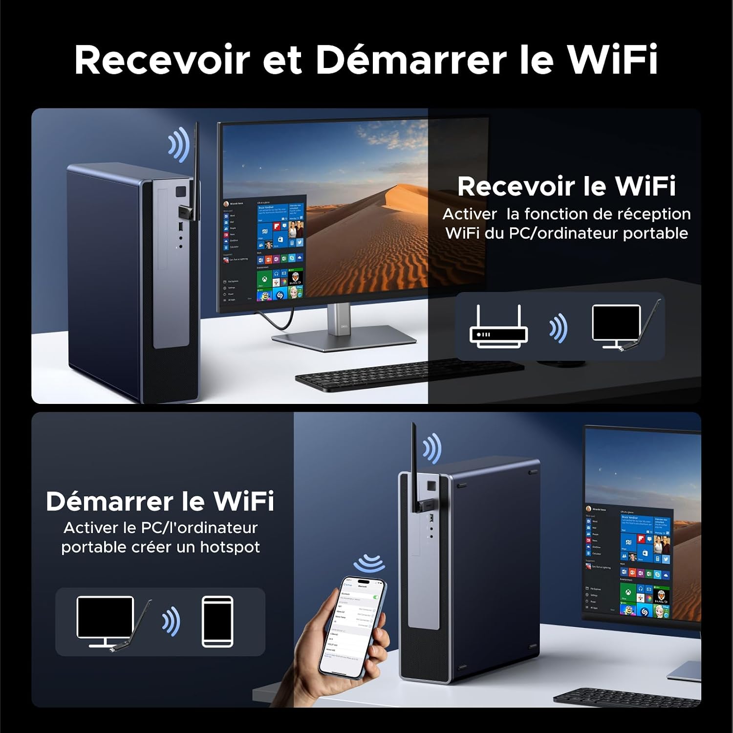 Detalle de UGREEN Clé WiFi 6 AX900 Bluetooth 5.4 (adaptateur USB dual band 2,4/5 GHz avec antenne 6 dBi) pour Windows 11/10