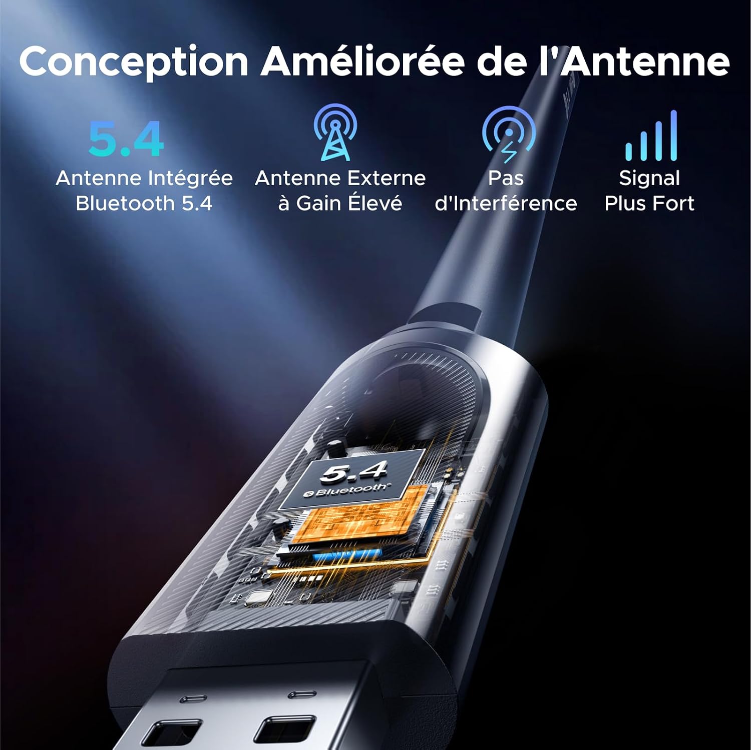 Detalle de UGREEN Clé WiFi 6 AX900 Bluetooth 5.4 (adaptateur USB dual band 2,4/5 GHz avec antenne 6 dBi) pour Windows 11/10