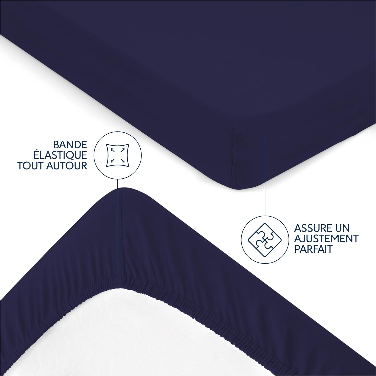 Detalle de Dreamzie Drap housse 160x200 cm en jersey 100% coton premium, bleu foncé (matelas jusqu’à 27 cm)