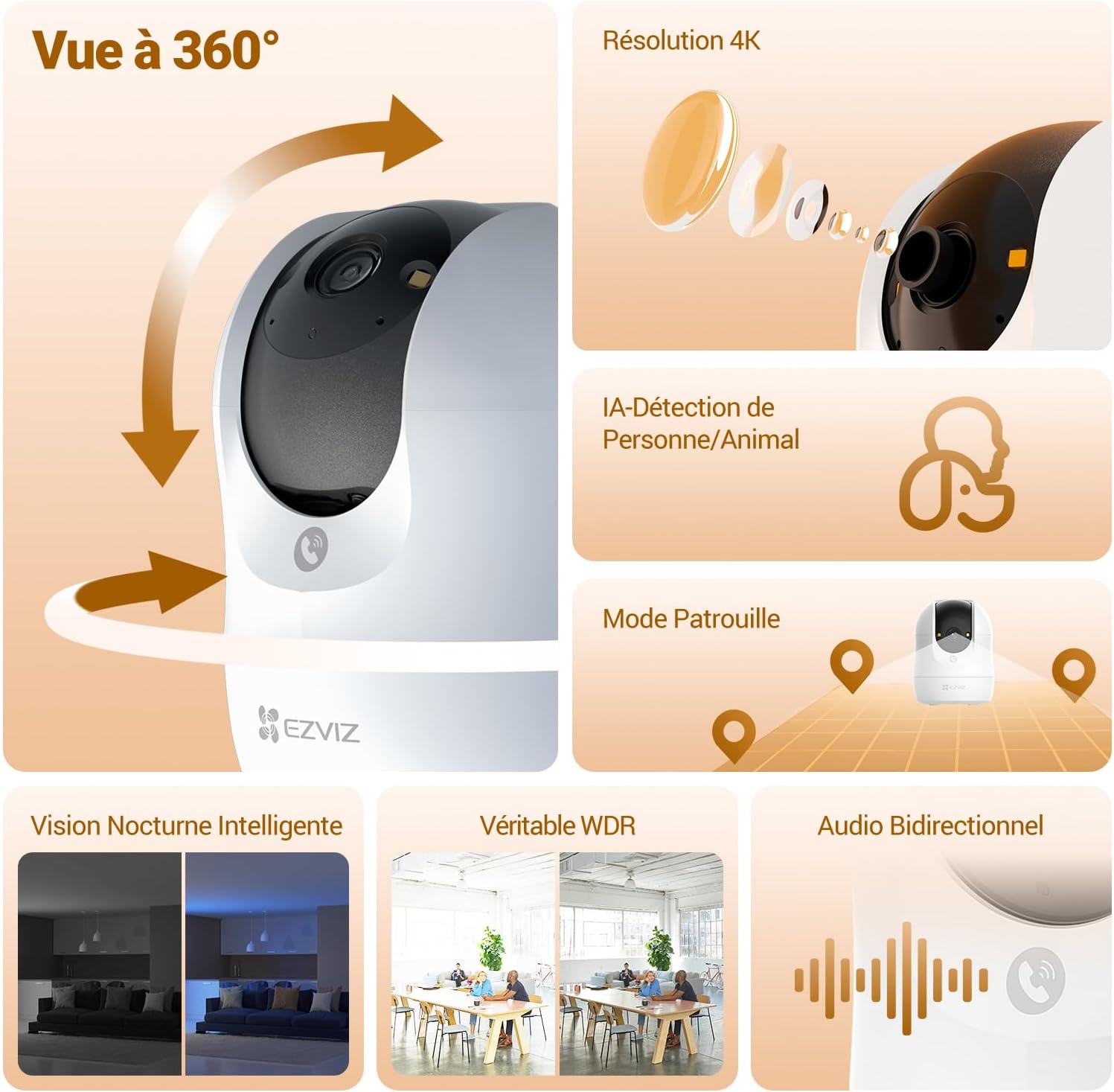 Detalle 2 de EZVIZ C6N G1 4K Caméra Wi‑Fi intérieure 360° (détection humaine/animaux, vision nocturne couleur, WDR)
