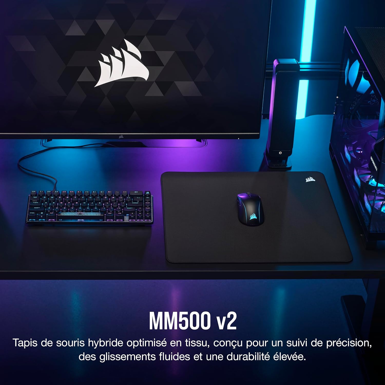 Detalle de Tapis de souris Corsair MM500 v2 en tissu hybride grand format 45 x 40 cm, noir