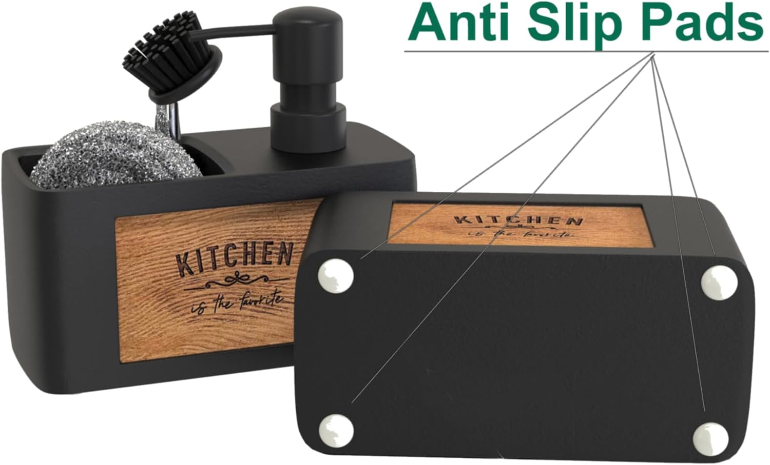 Detalle de Chill House distributeur de savon pour cuisine avec porte éponge noir en polyrésine