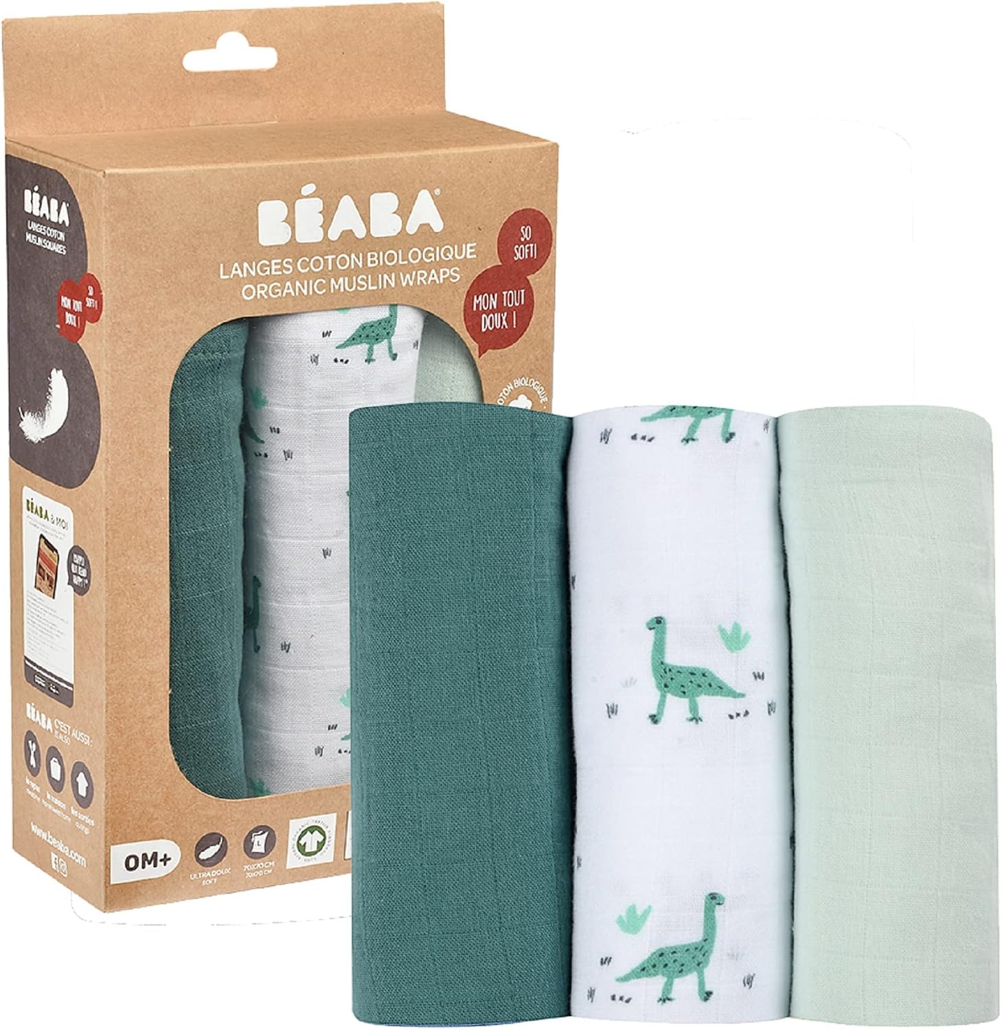 Detalle de Béaba Lot de 3 langes bébé en mousseline de coton biologique 70x70 – Motif jurassique