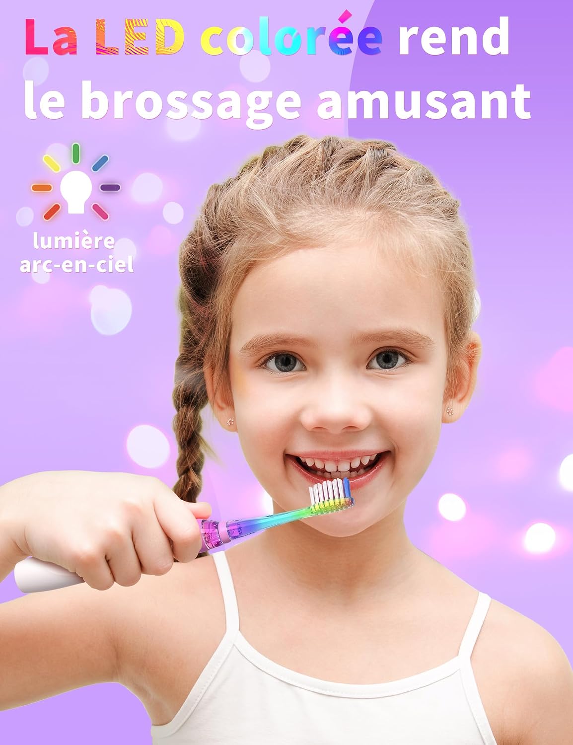 Detalle de Seago brosse à dents électrique enfant SG977 Violet – 4 têtes, LED colorées, minuterie 2 min, IPX7