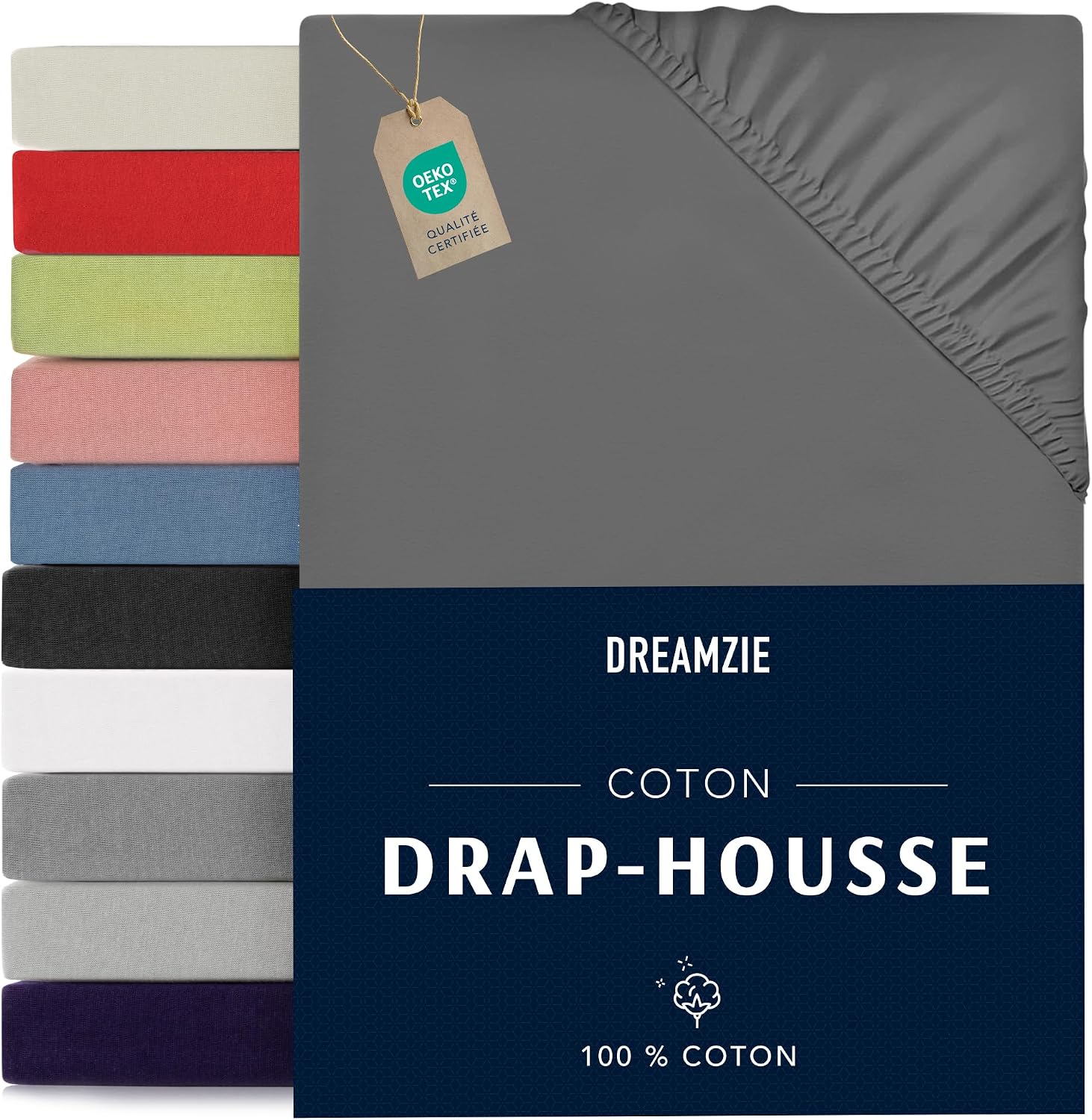 Detalle de Dreamzie Drap-Housse 140x190/200 - Anthracite, 100% Jersey coton certifié Oeko Tex