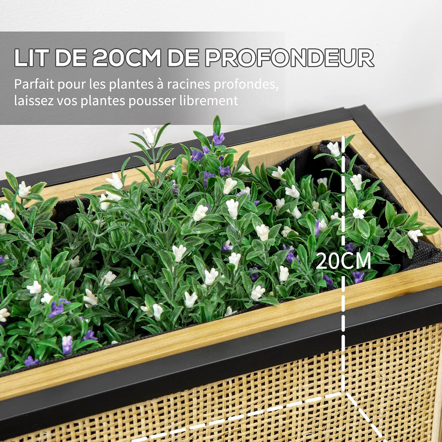 Detalle de Outsunny Jardinière sur Pieds Rectangulaire avec Étagère Inférieure — Bois et Métal, 55 x 20 x 56 cm