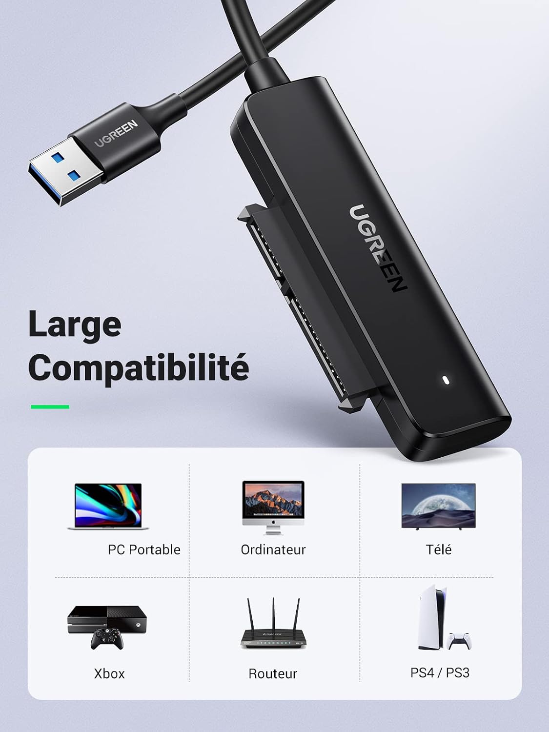 Detalle 1 de UGREEN Câble SATA USB 3.0 Adaptateur SATA vers USB 3.0 pour SSD et disques durs 2,5 pouces (UASP, TRIM, Smart, 0,5 m)