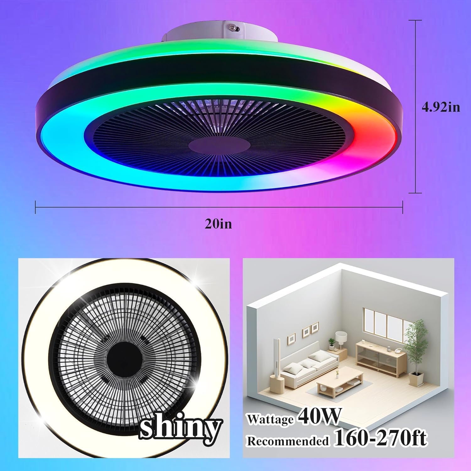 Detalle de EKDADL Ventilateur de plafond RGB avec lumière intégrée et télécommande – silencieux, 3 vitesses