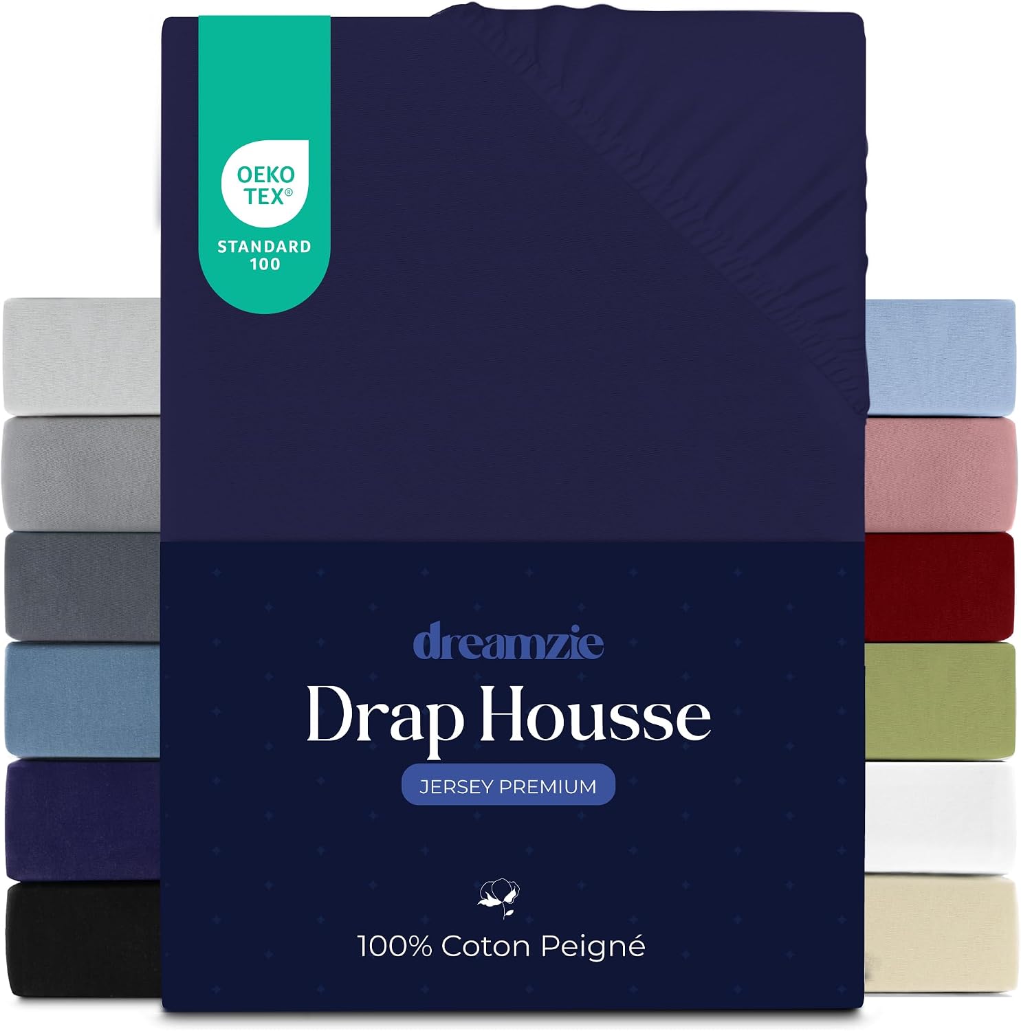 Detalle de Dreamzie Drap housse 160x200 cm en jersey 100% coton premium, bleu foncé (matelas jusqu’à 27 cm)