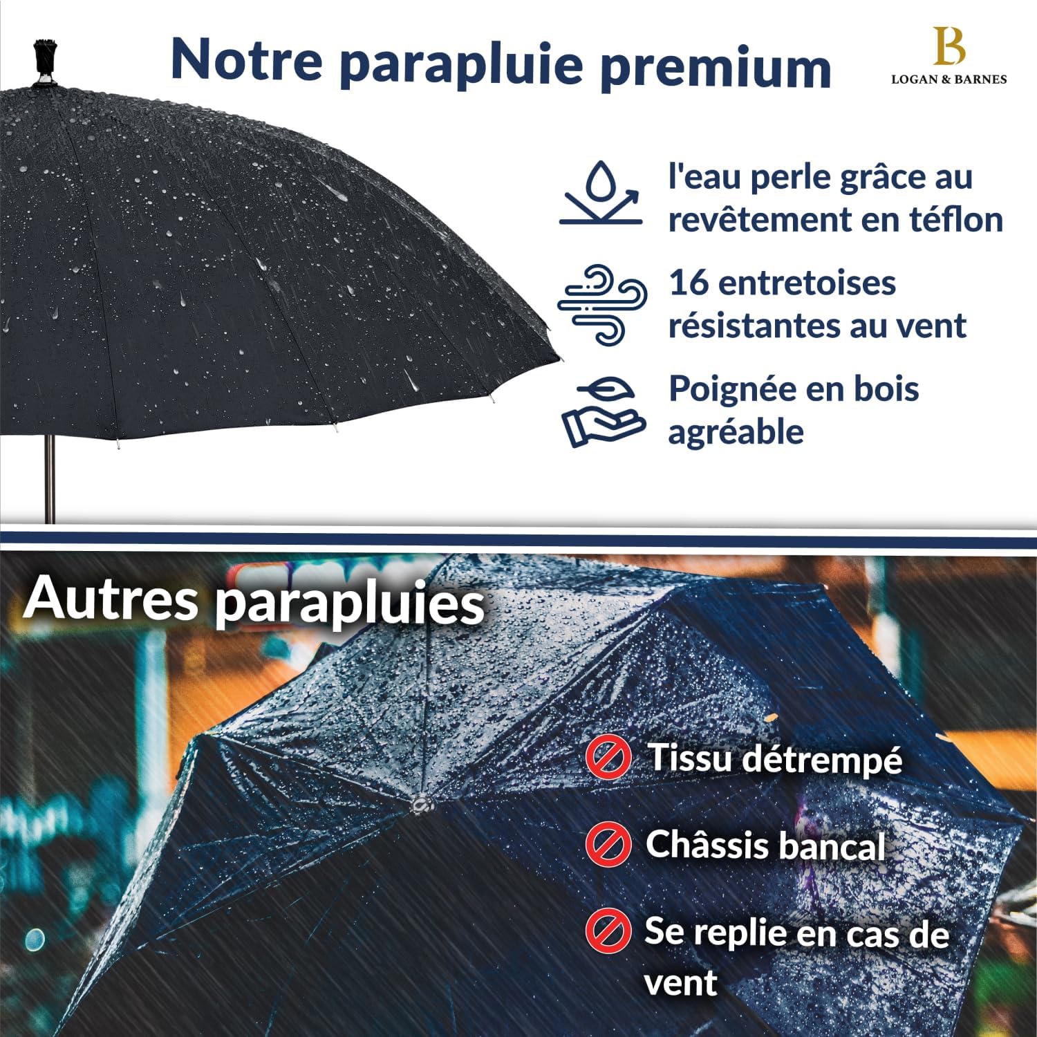Detalle 2 de LOGAN & BARNES Parapluie résistant à la tempête Ø120cm – Grand parapluie XXL EDINBURGH, 16 baleines