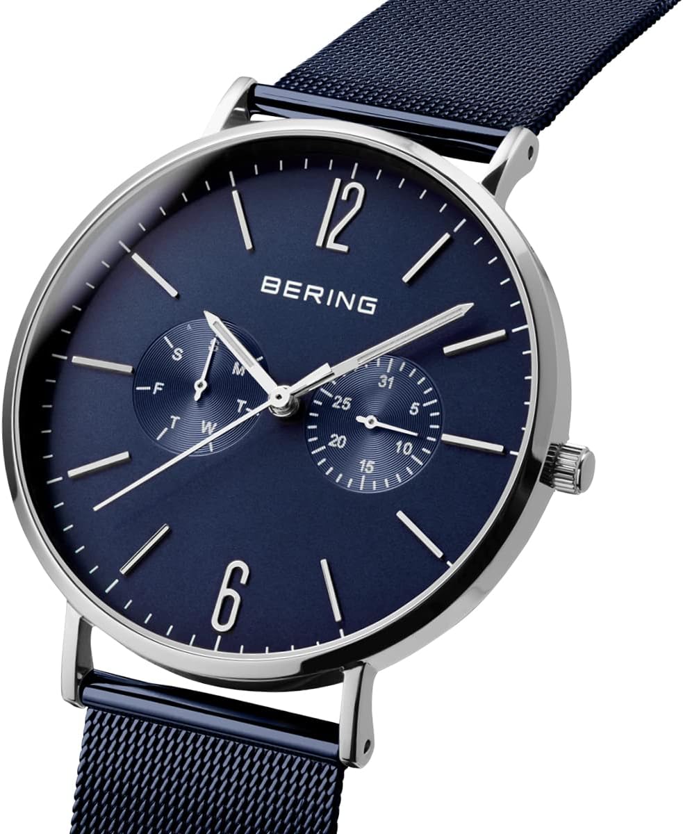Detalle 2 de BERING Montre Homme Quartz 40 mm – Boîtier argenté en acier inoxydable, cadran bleu, bracelet Milanese et cristal en sapphire