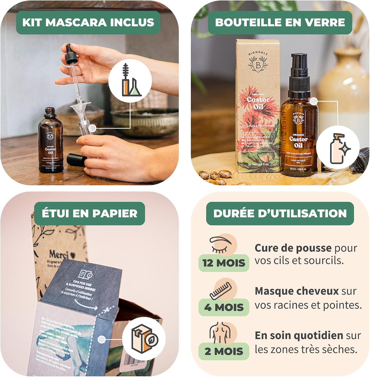 Detalle 2 de BIONOBLE Huile de Ricin Bio Pressée à Froid + Kit Mascara – 50 ml