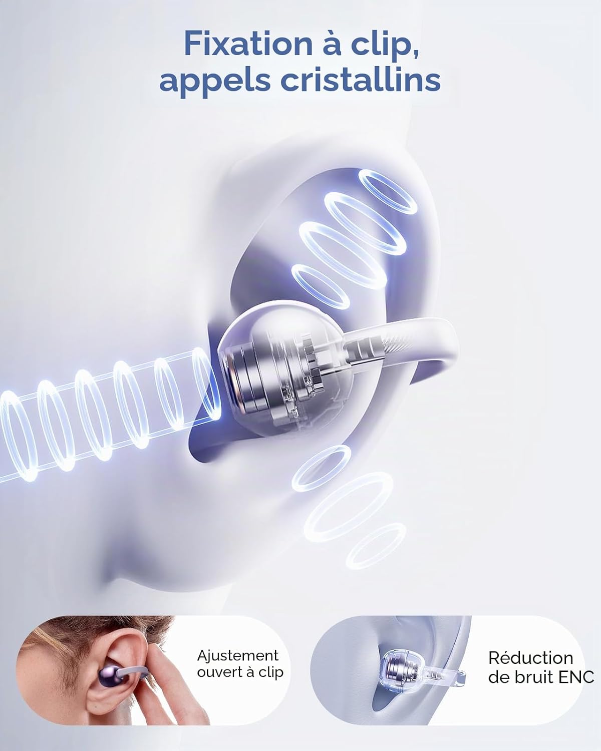 Detalle 2 de kentfaith AI Écouteur Traducteur Instantané 150 Langues — Clip d’Oreille, Étui avec Écran Tactile et Bluetooth 6.0 (Violet)