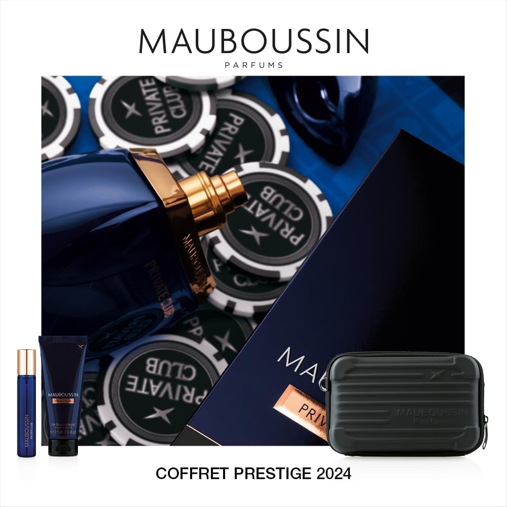 Detalle de Coffret Prestige Private Club Mauboussin : Eau de Parfum 100 ml, gel douche 75 ml, travel spray 20 ml & sac bandoulière