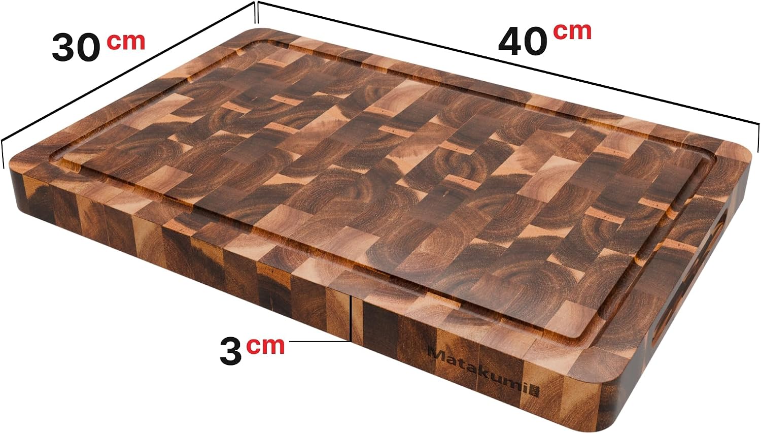 Detalle de Matakumi Planche à Découper en Bois d’Acacia – Planche Double Face 40 x 30 cm avec Poignées et Rigole