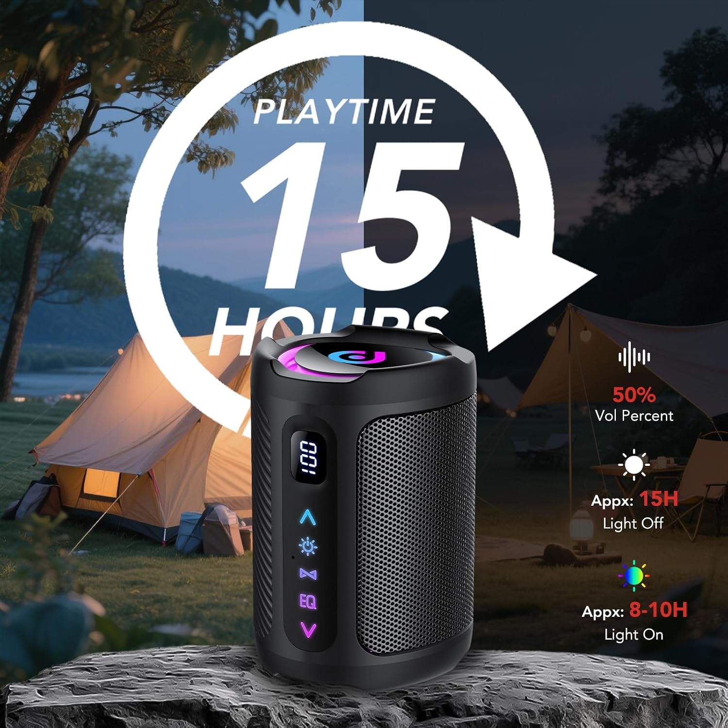 Detalle de aowoka Enceinte Bluetooth portable étanche IPX7 avec écran et éclairage LED RGB