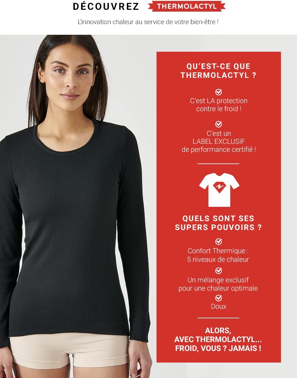 Thumbnail 5 de Damart T-Shirt Thermolactyl Col Rond – Côtes Molletonnées Haut Thermique Femme (Lot de 1)