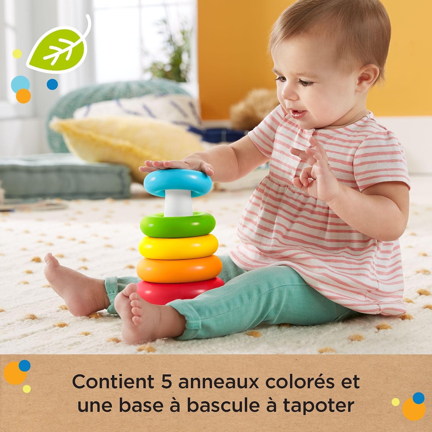 Detalle 2 de Fisher-Price HPY92 Jouet culbuto à empiler pyramide arc-en-ciel avec 5 anneaux colorés