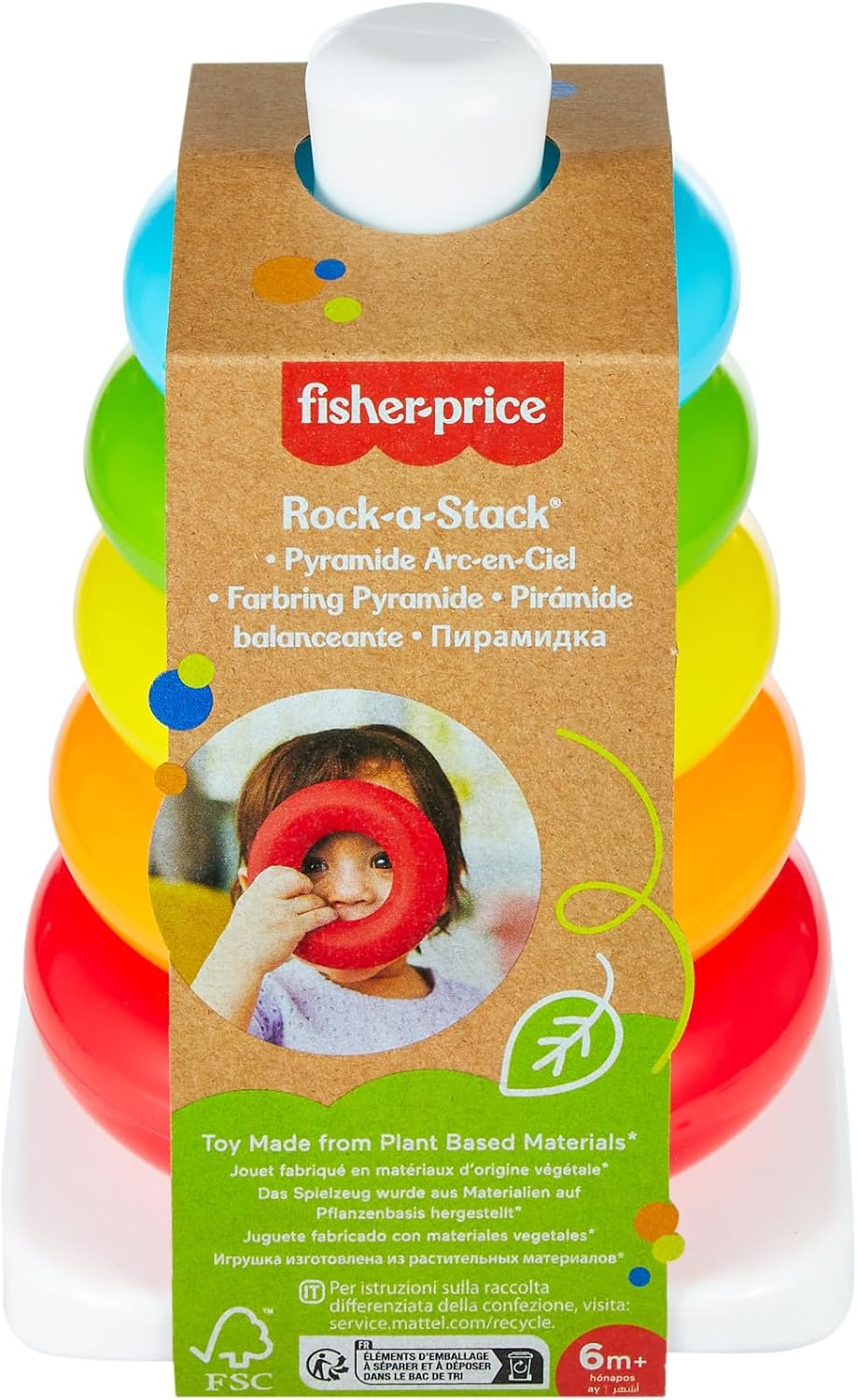 Detalle 2 de Fisher-Price HPY92 Jouet culbuto à empiler pyramide arc-en-ciel avec 5 anneaux colorés