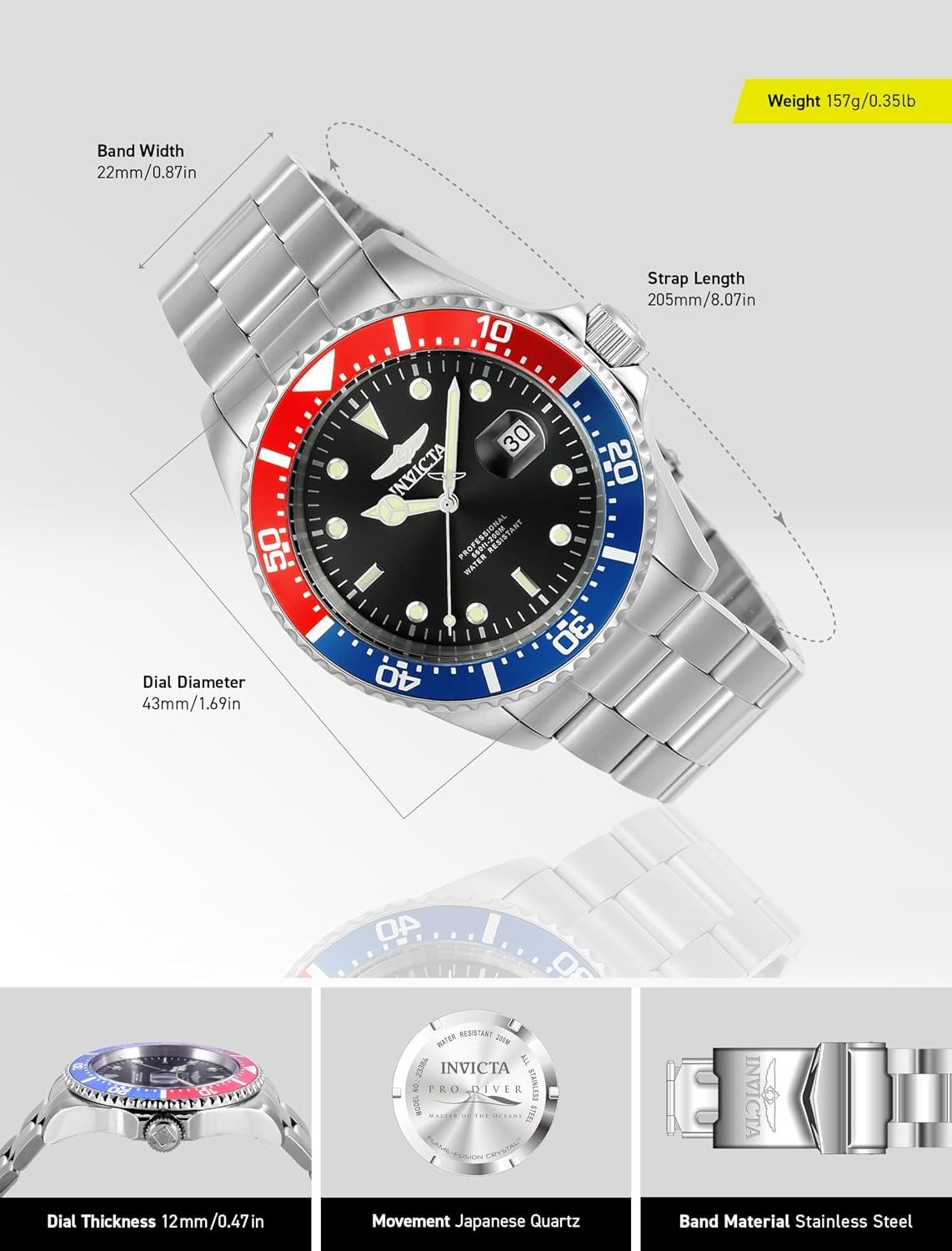 Detalle de Invicta Pro Diver Montre Homme – Mouvement Quartz, Acier Inoxydable 43 mm