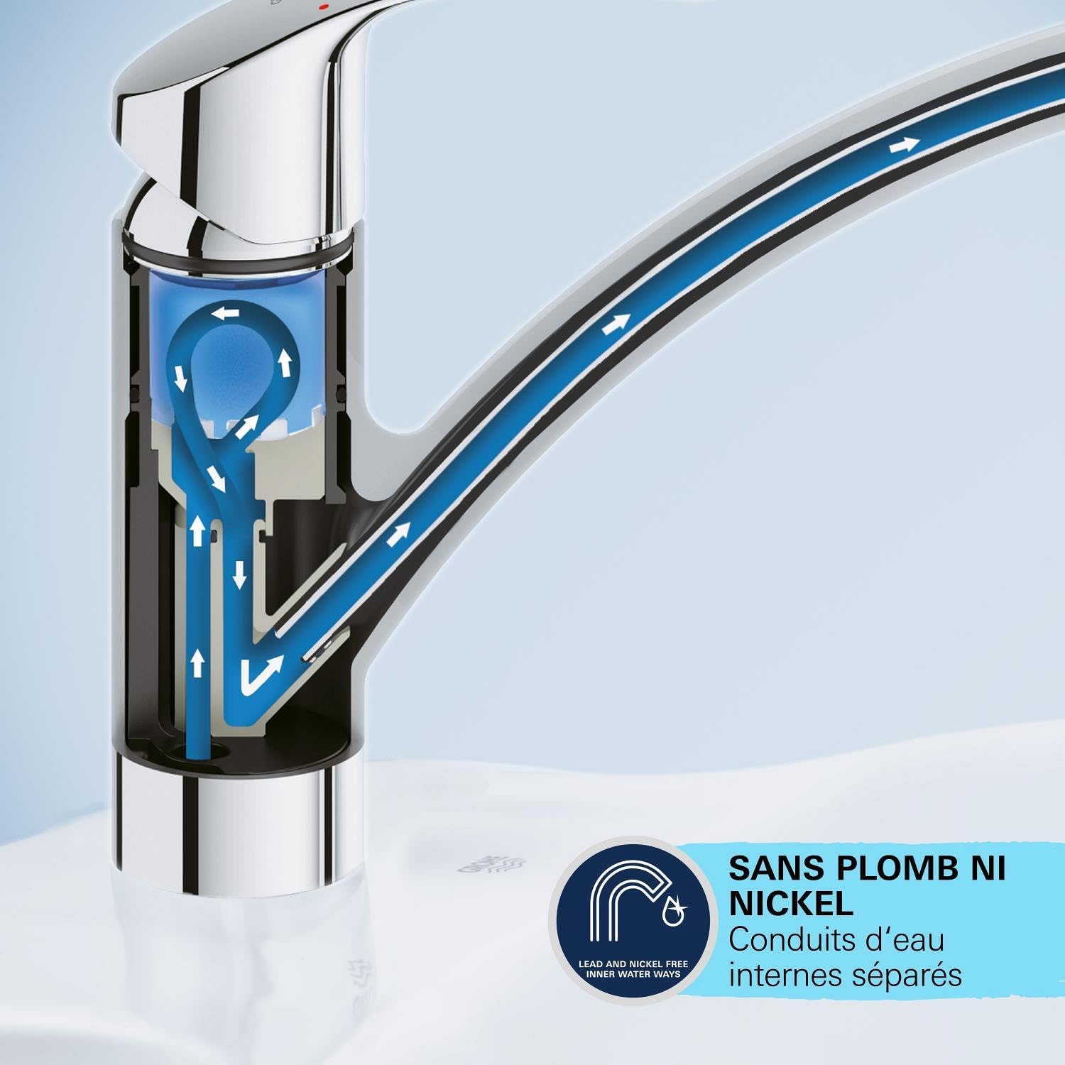 Detalle de GROHE StartEco Mitigeur Monocommande Évier Chromé – Rotation 140°, Mousseur avec Fente sans outil