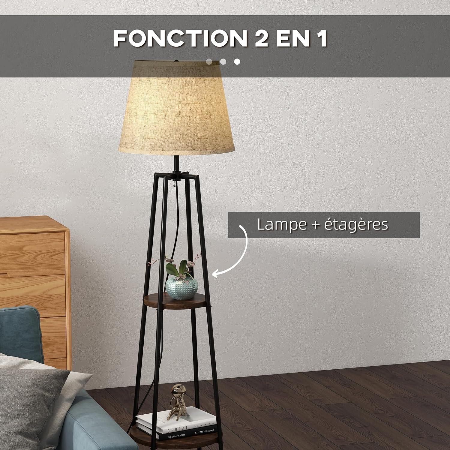 Detalle 2 de HOMCOM Lampadaire sur pied avec 2 étagères – design moderne, abat-jour tissu, noir marron