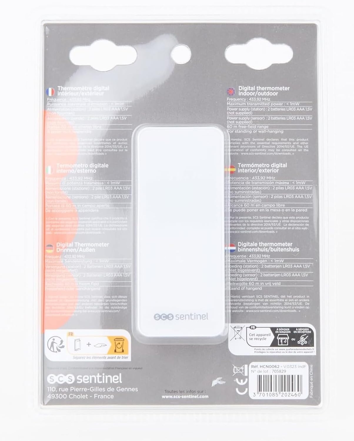 Detalle de SCS Sentinel DigiThermo HCN0062 : thermomètre digital intérieur/extérieur avec portée 60 m et double affichage