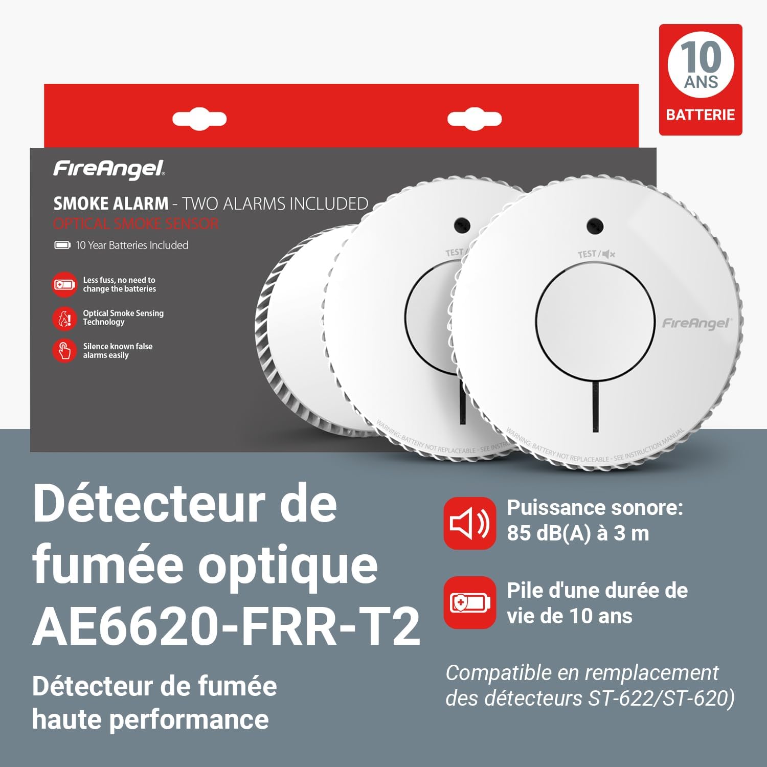 Detalle 2 de Fire Angel Lot de 2 Détecteurs de fumée optiques NF certifiés – remplacement et détection précoce